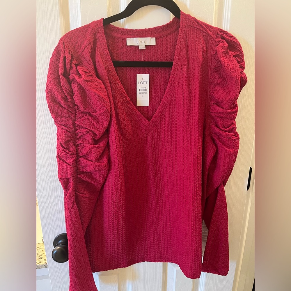 NWT LOFT large red holiday ruched long sleeve top / shirt